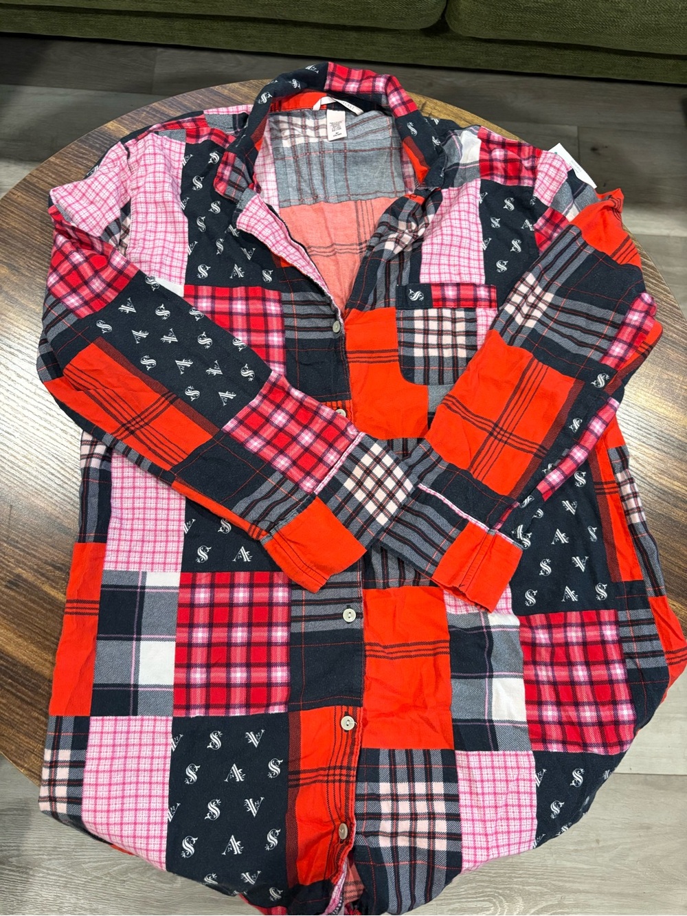 Victoria's Secret Patchwork Plaid Button-Down Shirt in Red, Pink & Black